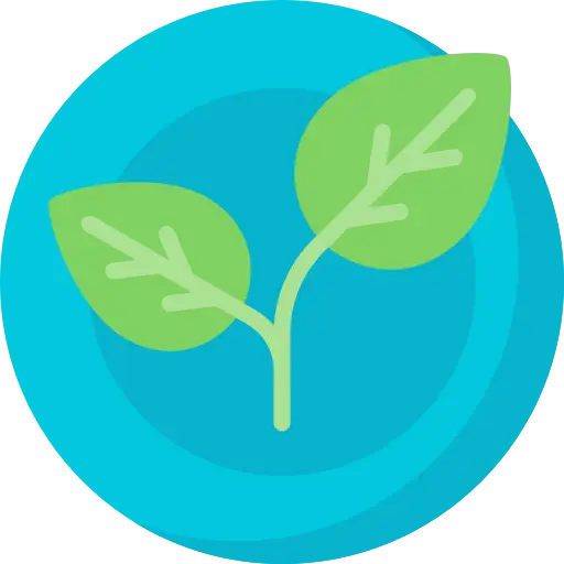 icono de una planta con dos hojas verdes, con un fondo azul atras.